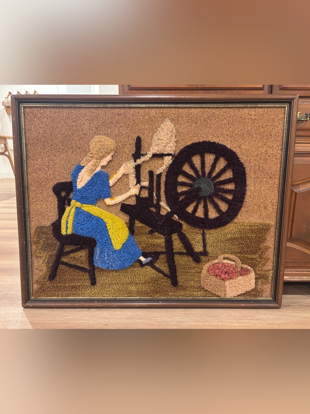36x28 vintage 1970’s textile fiber art, spinning wheel
